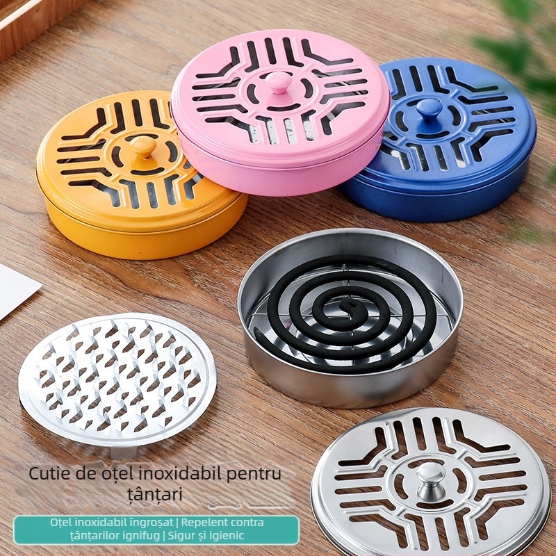 Cutie de tămâie pentru țânțari din oțel inoxidabil îngroșat, cu capac, placă de tămâie pentru țânțari de uz casnic, suport pentru tămâie pentru țânțari cu placă gri, sobă creativă din lemn de santal ignifugă