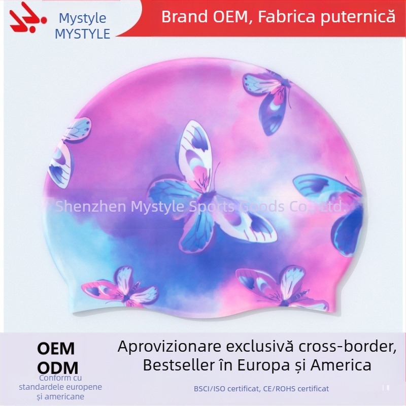 Cască de înot pentru adulți, culoarea Amazon, cu fluture, cască de înot pentru femei, cu păr lung, din silicon, cască de înot pentru femei, cu păr lung, mărită