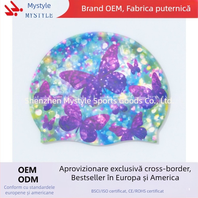 Cască de înot pentru adulți, culoarea Amazon, cu fluture, cască de înot pentru femei, cu păr lung, din silicon, cască de înot pentru femei, cu păr lung, mărită