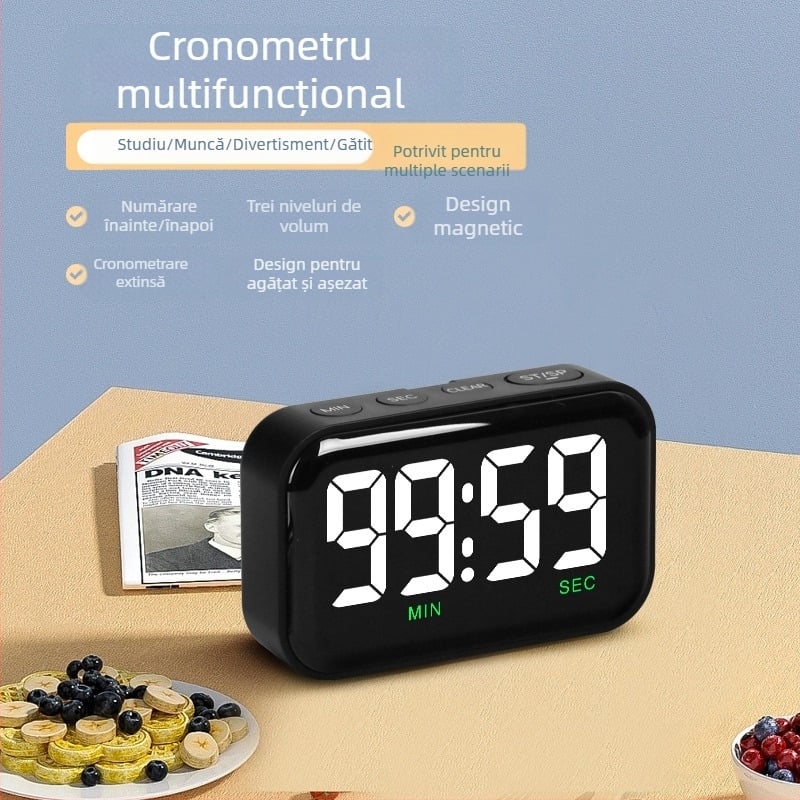 Cronometru electronic LED dedicat pentru copii, ceas deșteptător, cronometru cu dublă funcție, memento bucătărie inversat, ecran mare, învățare cu cronometru dedicat