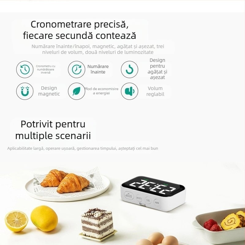 Cronometru electronic LED dedicat pentru copii, ceas deșteptător, cronometru cu dublă funcție, memento bucătărie inversat, ecran mare, învățare cu cronometru dedicat