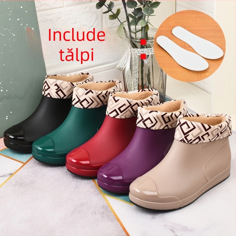 Cizme de ploaie pentru femei la modă, cizme de ploaie cu tub scurt, pantofi de apă caldi, cizme de ploaie antiderapante, cizme impermeabile, pantofi de bucătărie pentru spălătorie auto, pantofi de lucru din cauciuc