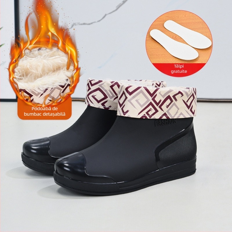 Cizme de ploaie pentru femei la modă, cizme de ploaie cu tub scurt, pantofi de apă caldi, cizme de ploaie antiderapante, cizme impermeabile, pantofi de bucătărie pentru spălătorie auto, pantofi de lucru din cauciuc