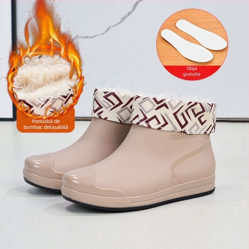 Cizme de ploaie pentru femei la modă, cizme de ploaie cu tub scurt, pantofi de apă caldi, cizme de ploaie antiderapante, cizme impermeabile, pantofi de bucătărie pentru spălătorie auto, pantofi de lucru din cauciuc
