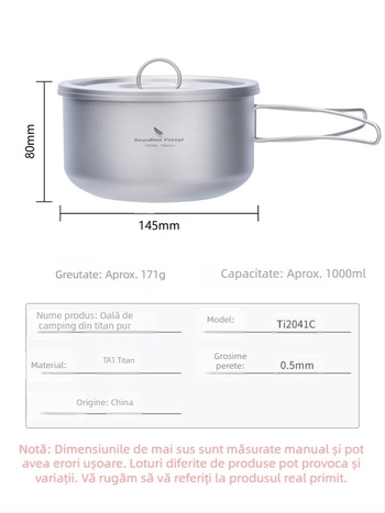 Biwei Pure Titanium Supa Pot Ultra Light și Convenabil Camping Pot Titanium Pot Lunch Box Heavy Duty Single Layer Pot Fold Handle