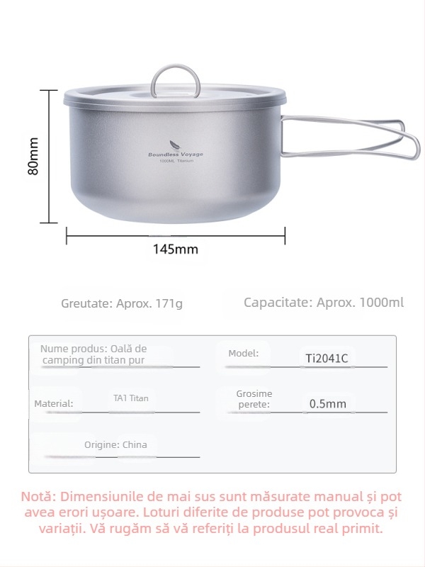 Biwei Pure Titanium Supa Pot Ultra Light și Convenabil Camping Pot Titanium Pot Lunch Box Heavy Duty Single Layer Pot Fold Handle