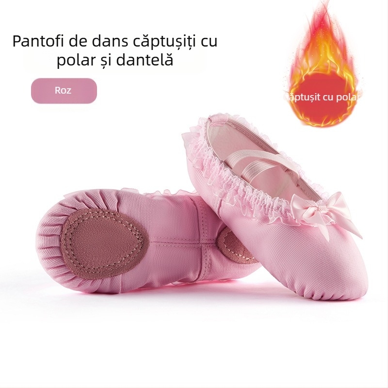 Pantofi de dans pentru femei și copii, talpă moale, toamnă și iarnă, corp de antrenament, căptușit cu fleece, dantelă cărnoasă, gheare de pisică, fete, prințesă, balet, dans