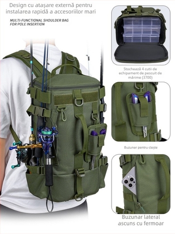 Geantă multifuncțională pentru alpinism, geantă pentru echipament de pescuit, geantă pentru undițe, rucsac, capacitate mare, separare uscată și umedă, design impermeabil