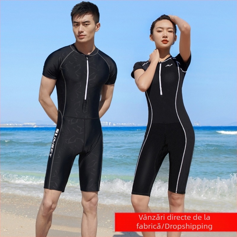 Costum de baie dintr-o singură piesă pentru bărbați și femei, pantaloni cu mânecă scurtă, antrenament profesional, costum de baie negru pur, en-gros, achiziție transfrontalieră de grup, personalizare pentru studenți