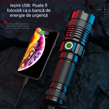 Lanternă telescopică din aliaj de aluminiu cu cip laser alb transfrontalieră, cu afișaj puternic al puterii, cu încărcare directă prin USB, pentru exterior
