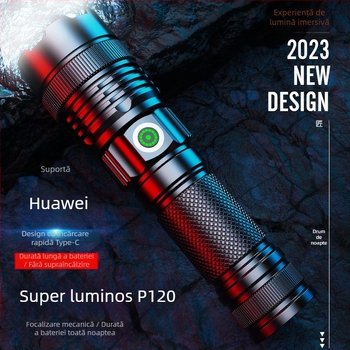 Lanternă telescopică din aliaj de aluminiu cu cip laser alb transfrontalieră, cu afișaj puternic al puterii, cu încărcare directă prin USB, pentru exterior