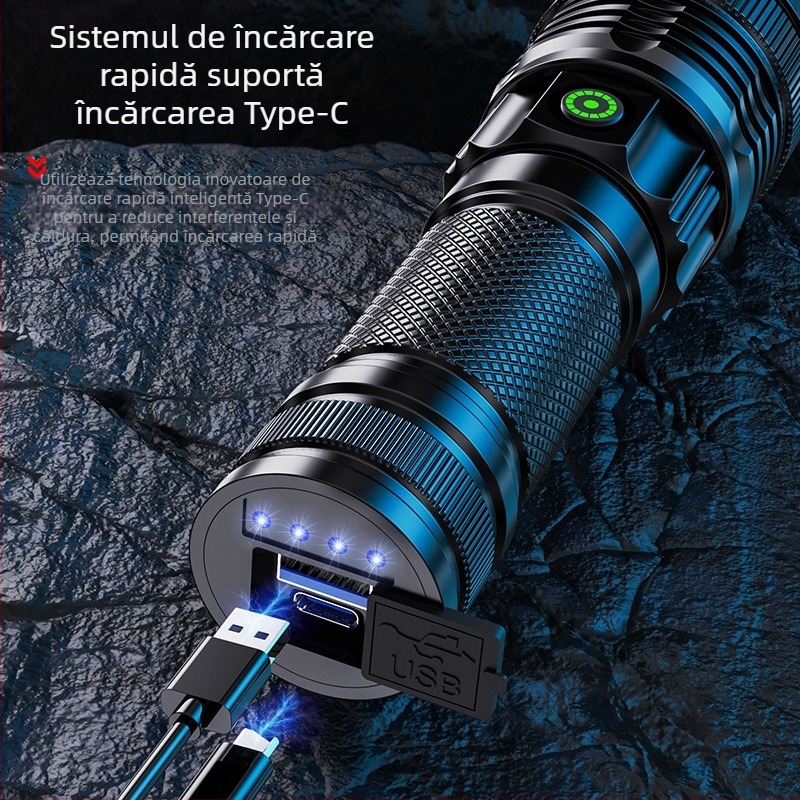 Lanternă telescopică din aliaj de aluminiu cu cip laser alb transfrontalieră, cu afișaj puternic al puterii, cu încărcare directă prin USB, pentru exterior