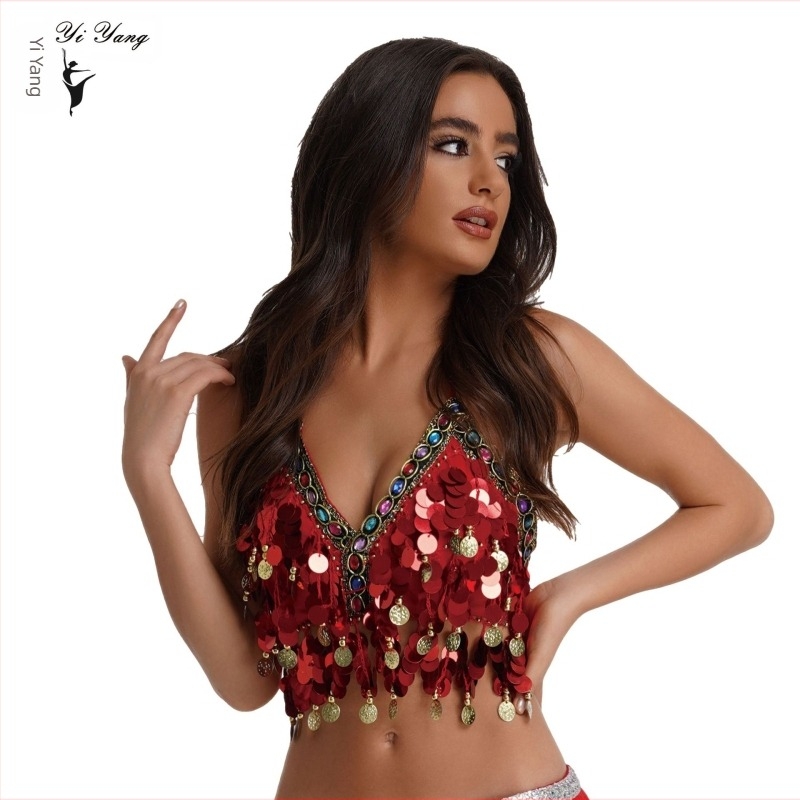 Sutien de dans din buric cu paiete Amazon, colorat, înfășurat în piept, agățat cu monedă, gong de cupru, pentru spectacole de scenă, cu diamante colorate, top cu paiete