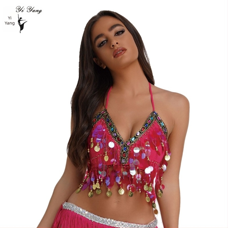 Sutien de dans din buric cu paiete Amazon, colorat, înfășurat în piept, agățat cu monedă, gong de cupru, pentru spectacole de scenă, cu diamante colorate, top cu paiete