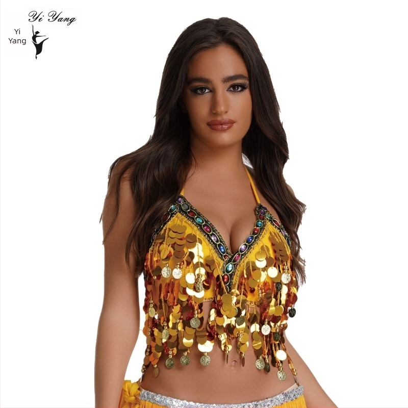 Sutien de dans din buric cu paiete Amazon, colorat, înfășurat în piept, agățat cu monedă, gong de cupru, pentru spectacole de scenă, cu diamante colorate, top cu paiete