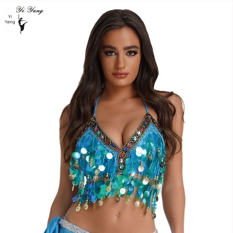 Sutien de dans din buric cu paiete Amazon, colorat, înfășurat în piept, agățat cu monedă, gong de cupru, pentru spectacole de scenă, cu diamante colorate, top cu paiete