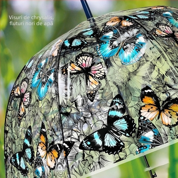 Umbrelă transparentă vintage arcuită pentru femei, cu fluture și imprimare cu ciuperci, umbrelă curbată, mâner lung, umbrelă semiautomată dreaptă pentru studente