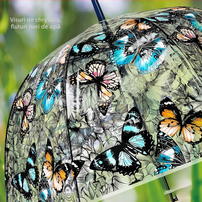 Umbrelă transparentă vintage arcuită pentru femei, cu fluture și imprimare cu ciuperci, umbrelă curbată, mâner lung, umbrelă semiautomată dreaptă pentru studente
