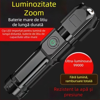 Lanternă telescopică portabilă cu zoom la distanță, USB reîncărcabilă, lanternă LED pentru camping, patrulare, lumină puternică, iluminat acasă