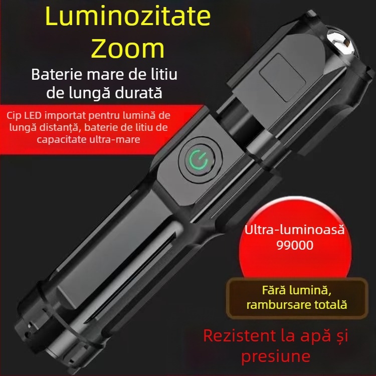 Lanternă telescopică portabilă cu zoom la distanță, USB reîncărcabilă, lanternă LED pentru camping, patrulare, lumină puternică, iluminat acasă
