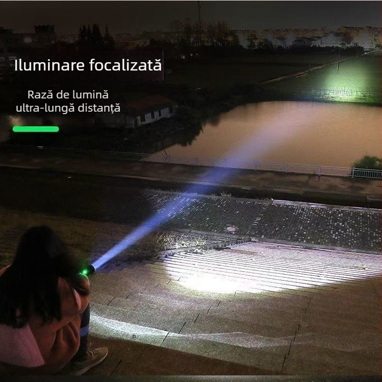 Lanternă telescopică portabilă cu zoom la distanță, USB reîncărcabilă, lanternă LED pentru camping, patrulare, lumină puternică, iluminat acasă