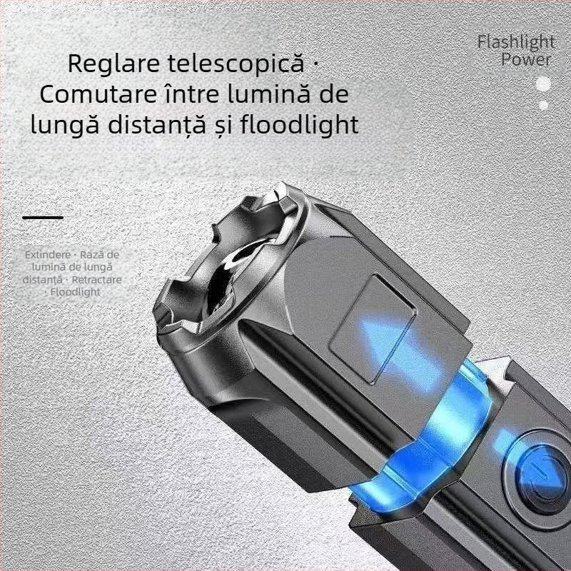 Lanternă telescopică portabilă cu zoom la distanță, USB reîncărcabilă, lanternă LED pentru camping, patrulare, lumină puternică, iluminat acasă