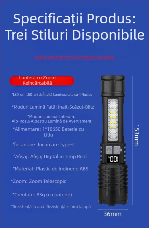 Lanternă laser albă cu zoom reîncărcabilă portabilă, cu rază lungă de acțiune, pentru exterior, pentru patrulare, transfrontalieră
