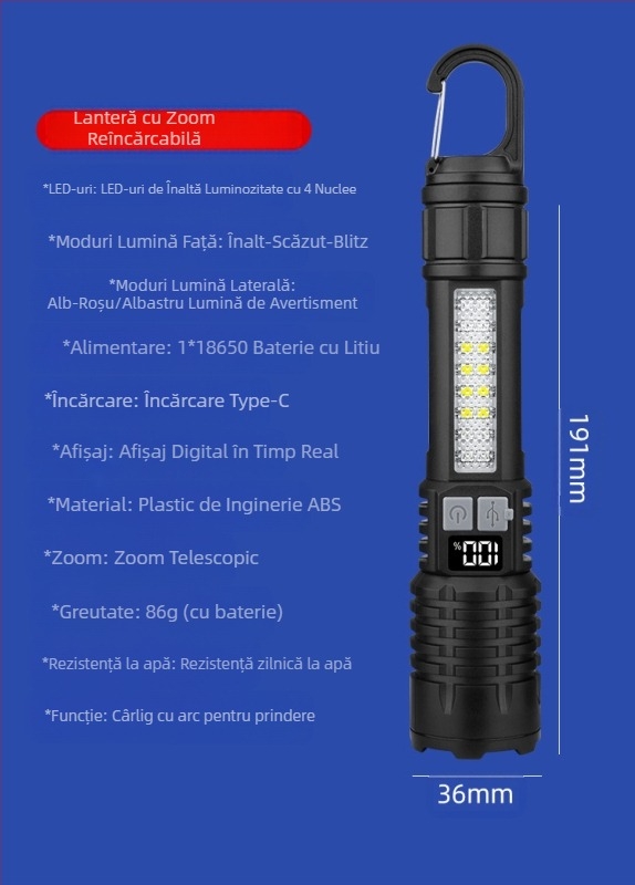 Lanternă laser albă cu zoom reîncărcabilă portabilă, cu rază lungă de acțiune, pentru exterior, pentru patrulare, transfrontalieră