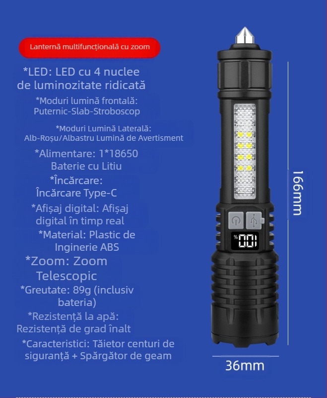 Lanternă laser albă cu zoom reîncărcabilă portabilă, cu rază lungă de acțiune, pentru exterior, pentru patrulare, transfrontalieră