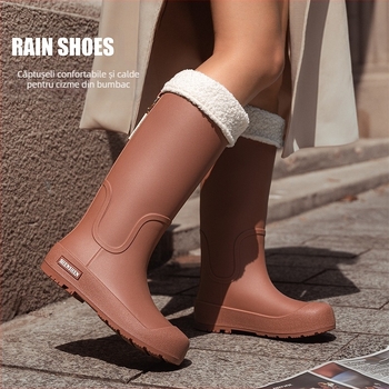 Cizme de ploaie pentru femei, pantofi de apă înalți pentru adulți, cizme de ploaie lungi antiderapante, cizme de apă impermeabile cu căptușeală din fleece pentru femei, pantofi de lucru din cauciuc