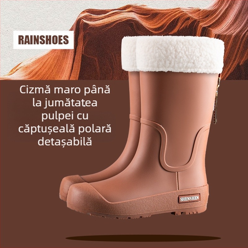 Cizme de ploaie pentru femei, pantofi de apă înalți pentru adulți, cizme de ploaie lungi antiderapante, cizme de apă impermeabile cu căptușeală din fleece pentru femei, pantofi de lucru din cauciuc