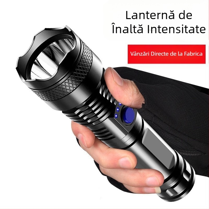 Lanternă ABS transfrontalieră cu încărcare USB, afișaj de putere, lanternă puternică pentru acasă, în aer liber, portabilă, pentru pescuit nocturn, camping