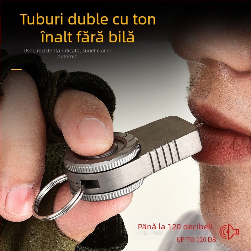 Fluier de salvare a vieții din aliaj de titan pentru camping în aer liber, fluier cu două găuri, fluier portabil pentru breloc, fluier de decompresie multifuncțional