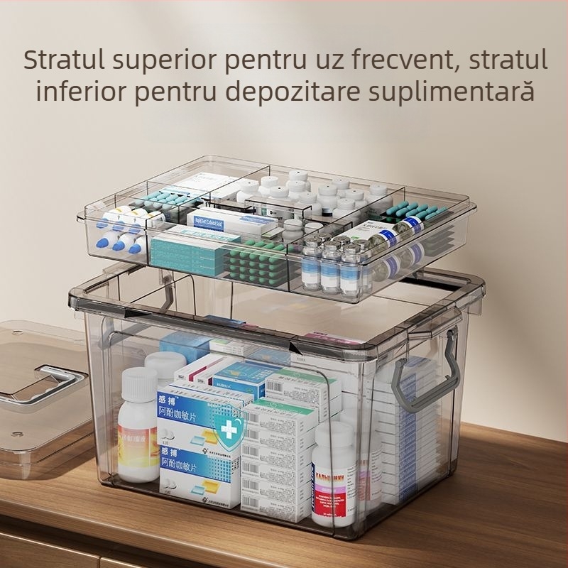 Cutie de medicamente portabilă transparentă de uz casnic, cu capacitate mare, prim ajutor, consumabile medicale, cutie de depozitare, clasificarea medicamentelor din plastic multistrat