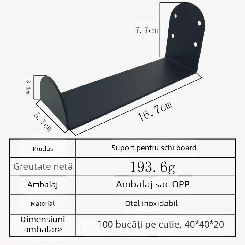 Suport metalic fix pentru snowboard, cârlig de perete, suport orizontal, pentru depozitarea paletei de surf, en-gros