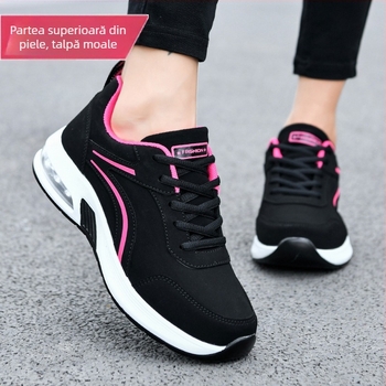 Pantofi de damă cu pernă de aer, de toamnă și de iarnă, din piele, impermeabili, cu fund moale, antiderapanți, pantofi de călătorie casual, negri, pantofi de alergare pentru femei