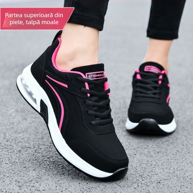 Pantofi de damă cu pernă de aer, de toamnă și de iarnă, din piele, impermeabili, cu fund moale, antiderapanți, pantofi de călătorie casual, negri, pantofi de alergare pentru femei