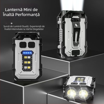 Lanternă portabilă puternică cu trei surse de lumină, reîncărcabilă, multifuncțională, cu funcție de breloc, EDC, pentru exterior