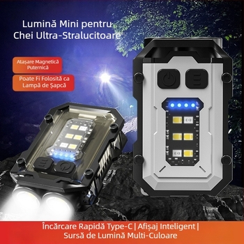 Lanternă portabilă puternică cu trei surse de lumină, reîncărcabilă, multifuncțională, cu funcție de breloc, EDC, pentru exterior