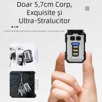 Lanternă portabilă puternică cu trei surse de lumină, reîncărcabilă, multifuncțională, cu funcție de breloc, EDC, pentru exterior