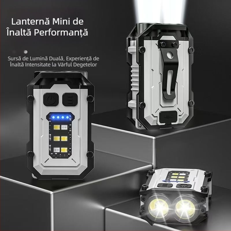 Lanternă portabilă puternică cu trei surse de lumină, reîncărcabilă, multifuncțională, cu funcție de breloc, EDC, pentru exterior