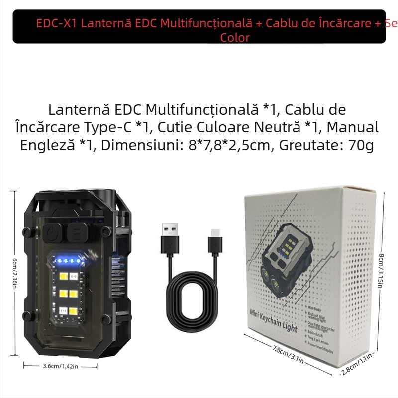 Lanternă portabilă puternică cu trei surse de lumină, reîncărcabilă, multifuncțională, cu funcție de breloc, EDC, pentru exterior