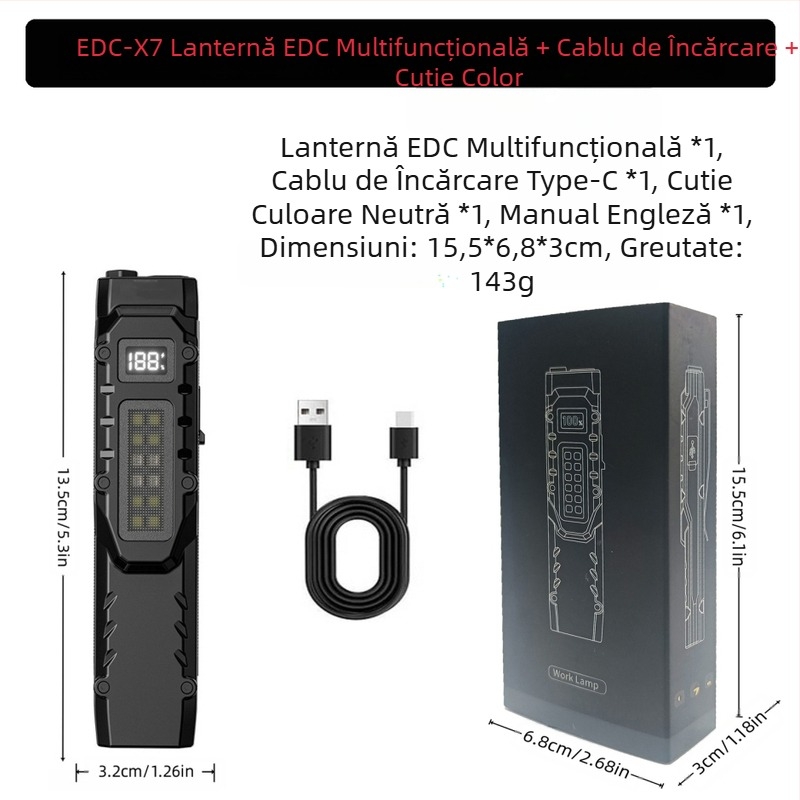 Lanternă portabilă puternică cu trei surse de lumină, reîncărcabilă, multifuncțională, cu funcție de breloc, EDC, pentru exterior