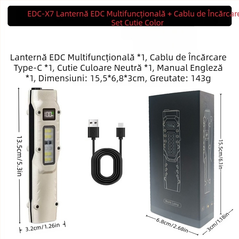 Lanternă portabilă puternică cu trei surse de lumină, reîncărcabilă, multifuncțională, cu funcție de breloc, EDC, pentru exterior