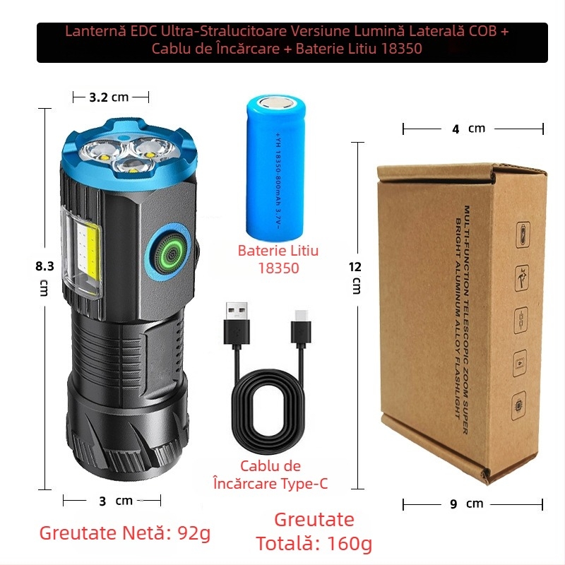 Lanternă portabilă puternică cu trei surse de lumină, reîncărcabilă, multifuncțională, cu funcție de breloc, EDC, pentru exterior