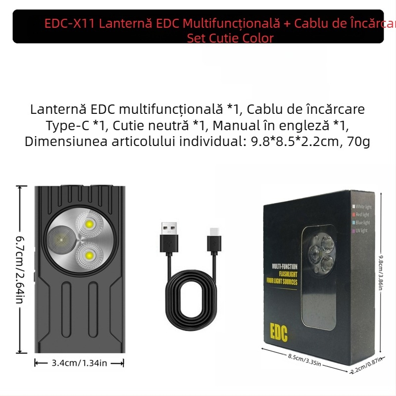 Lanternă portabilă puternică cu trei surse de lumină, reîncărcabilă, multifuncțională, cu funcție de breloc, EDC, pentru exterior