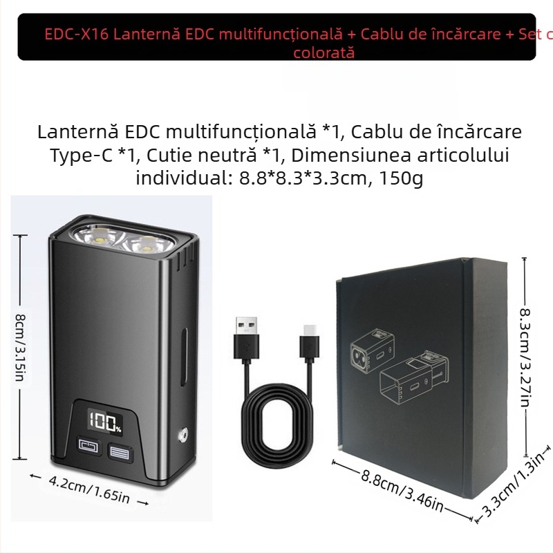 Lanternă portabilă puternică cu trei surse de lumină, reîncărcabilă, multifuncțională, cu funcție de breloc, EDC, pentru exterior
