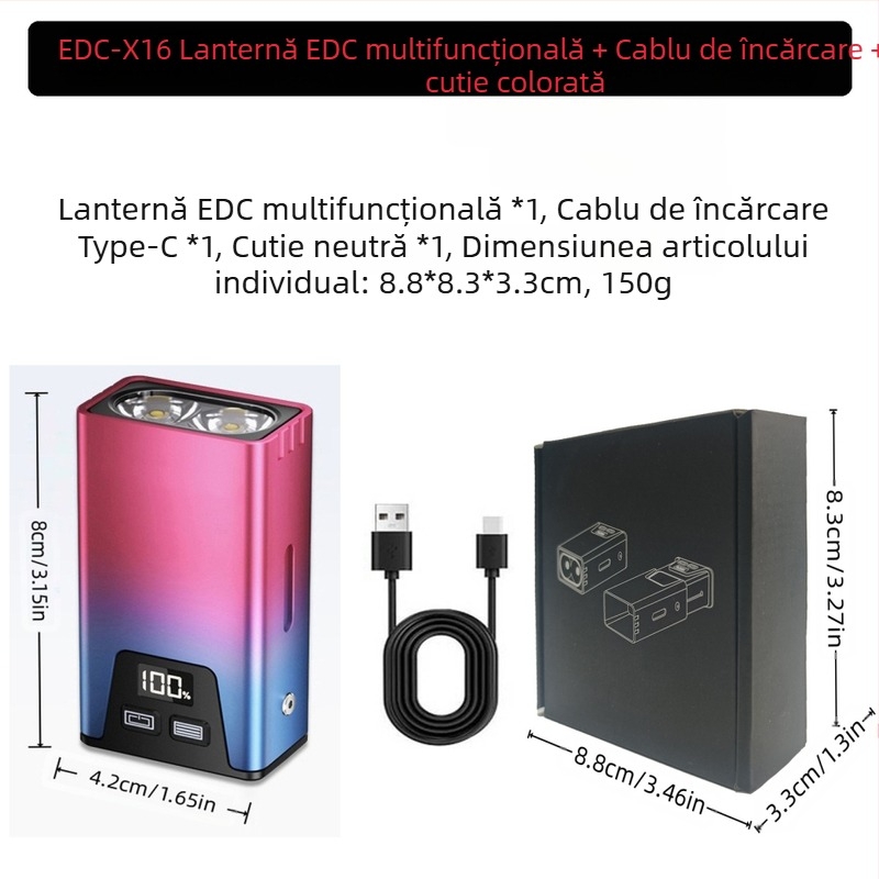 Lanternă portabilă puternică cu trei surse de lumină, reîncărcabilă, multifuncțională, cu funcție de breloc, EDC, pentru exterior