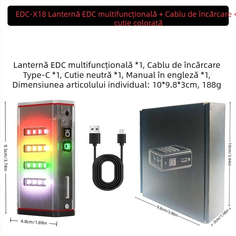 Lanternă portabilă puternică cu trei surse de lumină, reîncărcabilă, multifuncțională, cu funcție de breloc, EDC, pentru exterior