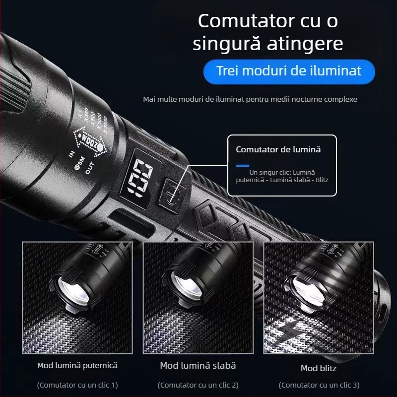 Lanternă LED transfrontalieră reîncărcabilă portabilă cu lumină puternică, lumină laser albă de lungă durată, lumină de lucru multifuncțională super luminoasă pentru exterior
